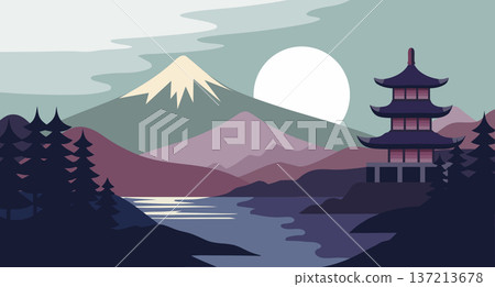 Serene Japanese landscape with Mount Fuji and pagoda. Scenic illustration. 137213678