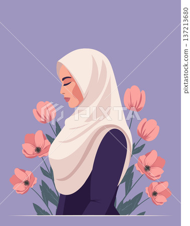 Beautiful Muslim Woman in Hijab with Floral Background. Festive banner for Womens day. Beautiful Muslim Woman in Hijab with Floral Background. Festive banner for Womens day. 137213680