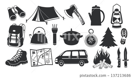 Camping icons set. Illustration of camping and outdoor adventure equipment. Nature and travel icons. Camping icons set. Illustration of camping and outdoor adventure equipment. Nature and travel icons. 137213686