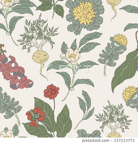 Seamless pattern featuring hand drawn energy tea 137213771
