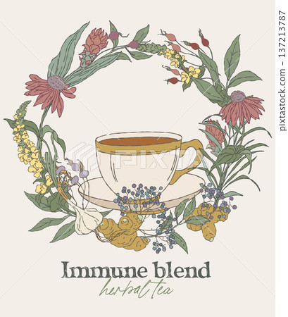 Hand drawn immune herbal blend wreath with tea cup Hand drawn immune herbal blend wreath with tea cup 137213787