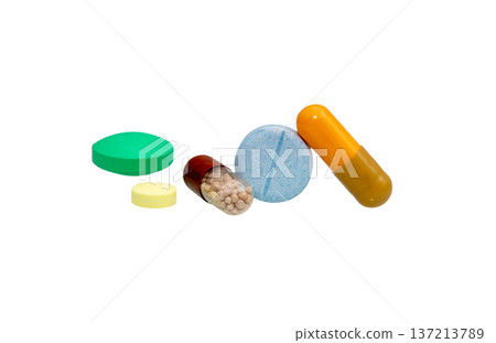 Pills isolated on white background. Medical pill kit. Pills isolated on white background. Medical pill kit. 137213789