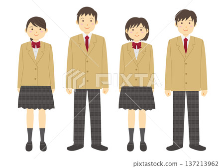 Set of four male and female students wearing blazer uniforms, beige 137213962