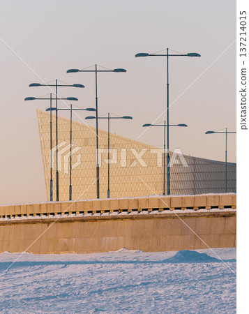 modern lampposts on the background of a building in winter. 137214015
