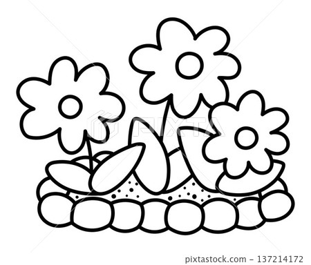 Vector black and white flower bed. Garden blooming plant with railing. Line florals clipart. Baby greenery with leaves isolated on white background. Spring illustration, coloring page Vector black and white flower bed. Garden blooming plant with railing. Line florals clipart. Baby greenery with leaves isolated on white background. Spring illustration, coloring page 137214172