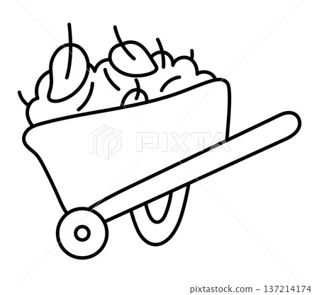 Vector black and white wheel barrow with foliage and greenery isolated on white background. Line spring garden tool illustration, coloring page. Gardening equipment icon Vector black and white wheel barrow with foliage and greenery isolated on white background. Line spring garden tool illustration, coloring page. Gardening equipment icon 137214174