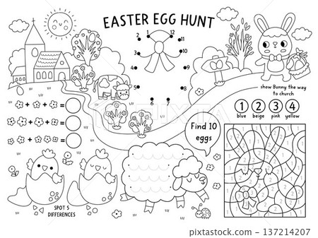 Vector Easter village placemat for kids. Spring holiday printable activity mat with maze, tic tac toe charts, connect dots, find difference. Black and white egg hunt coloring page with bunny Vector Easter village placemat for kids. Spring holiday printable activity mat with maze, tic tac toe charts, connect dots, find difference. Black and white egg hunt coloring page with bunny 137214207