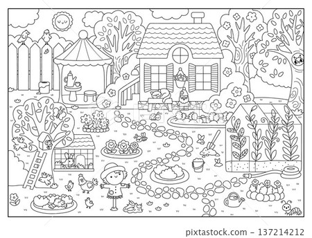 Vector empty black and white garden landscape. Country house line detailed scene with greenhouse. Cute spring nature background, coloring page with birds, birdhouse, scarecrow Vector empty black and white garden landscape. Country house line detailed scene with greenhouse. Cute spring nature background, coloring page with birds, birdhouse, scarecrow 137214212