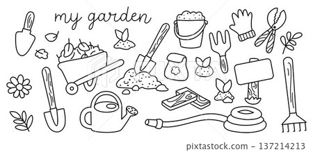 Vector black and white set of garden tools, equipment and baby plants. Line collection of gardening facilities. Spring illustration or coloring page of spade, rakes, glove, pruning shears Vector black and white set of garden tools, equipment and baby plants. Line collection of gardening facilities. Spring illustration or coloring page of spade, rakes, glove, pruning shears 137214213