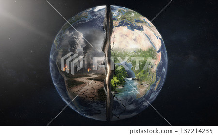 Split Planet Earth Showing Pollution and Green Sustainable Future Concept Split Planet Earth Showing Pollution and Green Sustainable Future Concept 137214235