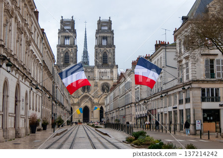 France, Orleans, Rue Jeanne d'Arc in Orleans, leading to the Sainte Croix Cathedral 137214242
