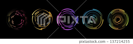 Colorful radial gradient rings collection. Dynamic motion lines expressing acceleration and innovation. Vector background isolated for modern tech design. 137214255