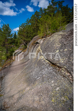 Lava rock formation known as the Love Stone on the bank of the Biya River in Altai, Russia. Concept of sacred natural landmarks and emotional symbolism in wild nature Lava rock formation known as the Love Stone on the bank of the Biya River in Altai, Russia. Concept of sacred natural landmarks and emotional symbolism in wild nature 137214357