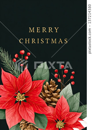 Dark elegant Christmas illustration featuring vibrant red poinsettias, pinecones, and green foliage, creating a festive atmosphere with a sophisticated touch and copy space for text 137214380