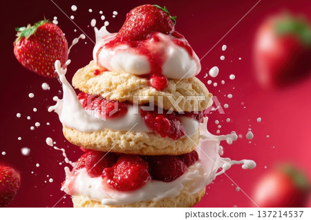 Strawberry shortcake with cream and red berry sauce splashing, featuring fresh strawberries, creating a vibrant and delicious dessert scene with dynamic motion and rich textures 137214537