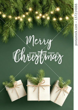Green Christmas banner featuring glowing lights and pine branches with beautifully wrapped gifts, creating a festive atmosphere for holiday celebrations and seasonal greetings 137214866