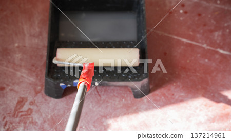 Paint roller handle placed inside tray with diluted white paint on dusty red floor in bright sunlight Paint roller handle placed inside tray with diluted white paint on dusty red floor in bright sunlight 137214961
