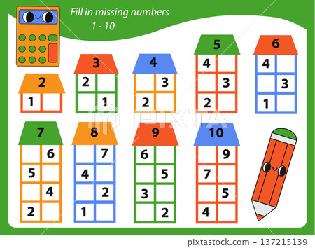 Mathematics educational game for children. Complete the row, write missing numbers. Worksheet for kids Mathematics educational game for children. Complete the row, write missing numbers. Worksheet for kids 137215139