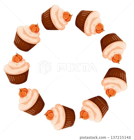 Round composition of cartoon style pumpkin cupcakes with cream frosting. Perfect for bakery menu, autumn card, seasonal poster and sweet dessert design. 137215148