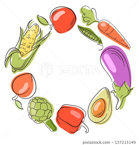 Wreath with hand drawn vegetable and fruit arranged in circle. Colorful flat illustration background for healthy food menu, packaging and organic design. Wreath with hand drawn vegetable and fruit arranged in circle. Colorful flat illustration background for healthy food menu, packaging and organic design. 137215149