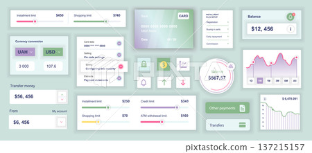 Mobile banking mobile app template with user interface elements. Bundle of UI, UX, GUI kit with credit card limits, currency, payment, money transfer, balance statistic, more. Vector illustration. 137215157