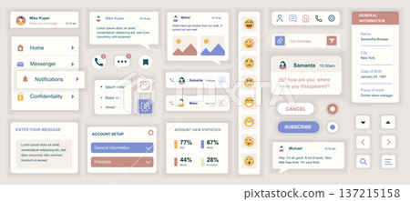 Messenger mobile app template with user interface elements. Bundle of UI, UX, GUI kit with online account, chat, call, message, post photo, friends list, statistic, emoji, more. Vector illustration. Messenger mobile app template with user interface elements. Bundle of UI, UX, GUI kit with online account, chat, call, message, post photo, friends list, statistic, emoji, more. Vector illustration. 137215158