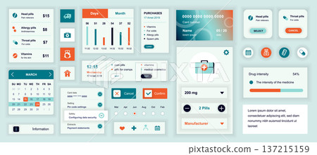 Medical mobile app template with user interface elements. Bundle of UI, UX, GUI kit with calendar, pills information, ambulance call, doctor consultation, purchase pharmacy, more. Vector illustration. Medical mobile app template with user interface elements. Bundle of UI, UX, GUI kit with calendar, pills information, ambulance call, doctor consultation, purchase pharmacy, more. Vector illustration. 137215159