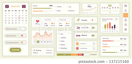 Fitness mobile app template with user interface elements. Bundle of UI, UX, GUI kit with calendar, distance, heart rate tracking, activity, pulse graph, running, workout, more. Vector illustration. Fitness mobile app template with user interface elements. Bundle of UI, UX, GUI kit with calendar, distance, heart rate tracking, activity, pulse graph, running, workout, more. Vector illustration. 137215160