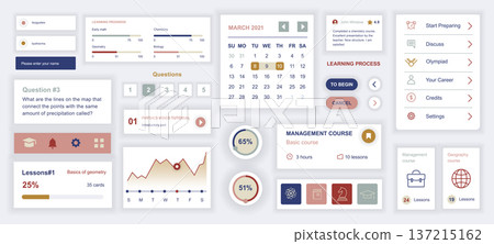 Education mobile app template with user interface elements. Bundle of UI, UX, GUI kit with learning process, data, calendar, lessons plan, study, video tutorial, course, more. Vector illustration. Education mobile app template with user interface elements. Bundle of UI, UX, GUI kit with learning process, data, calendar, lessons plan, study, video tutorial, course, more. Vector illustration. 137215162