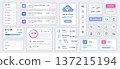 Cloud technology mobile app template with user interface elements. Bundle of UI, UX, GUI kit with account, download files, analytics, schedule, documents, memory storage, more. Vector illustration. 137215194