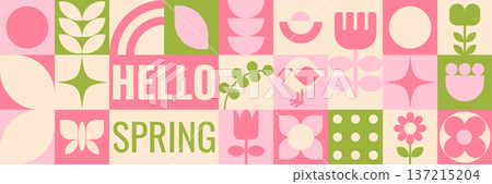 Spring geometric banner with flowers, rainbow and simple shapes Spring geometric banner with flowers, rainbow and simple shapes 137215204