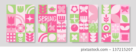 Spring poster set. Modern posters with geometric shapes Spring poster set. Modern posters with geometric shapes 137215207
