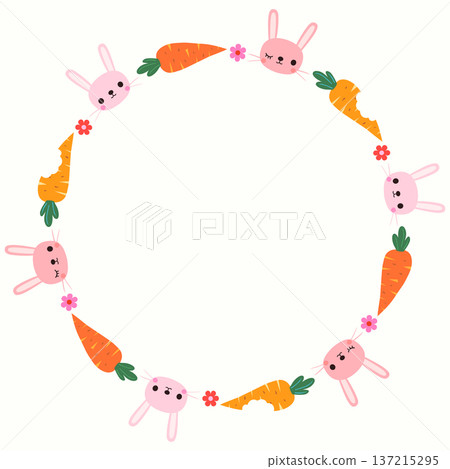 Cute round border with pink winking bunnies and carrots, fun children border for healthy eating or Easter designs Cute round border with pink winking bunnies and carrots, fun children border for healthy eating or Easter designs 137215295