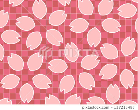 Retro background illustration with cherry blossom petals scattered on a checkered pattern (red) Retro background illustration with cherry blossom petals scattered on a checkered pattern (red) 137215495