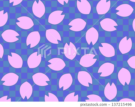 Blue background illustration of cherry blossoms at night with cherry blossom petals scattered on a checkered pattern Blue background illustration of cherry blossoms at night with cherry blossom petals scattered on a checkered pattern 137215496