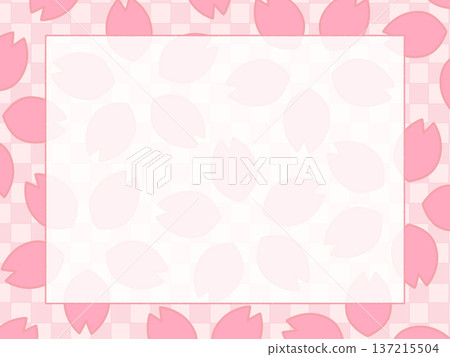 Retro spring frame with cherry blossom petals scattered on a checkered pattern. Pink Retro spring frame with cherry blossom petals scattered on a checkered pattern. Pink 137215504