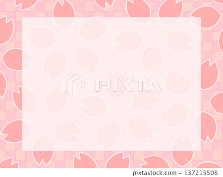 A cute spring frame in pink with cherry blossom petals scattered on a checkered pattern 137215508