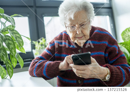 Senior facing phone scams and digital safety. 137215526