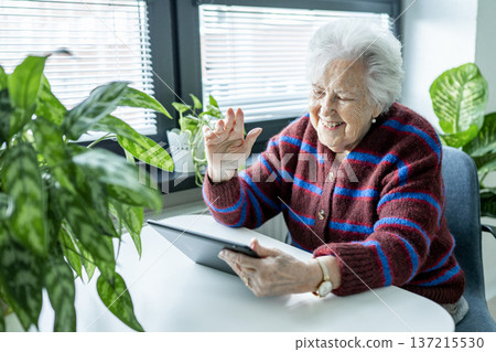 Senior woman having a video call on tablet. Senior woman having a video call on tablet. 137215530