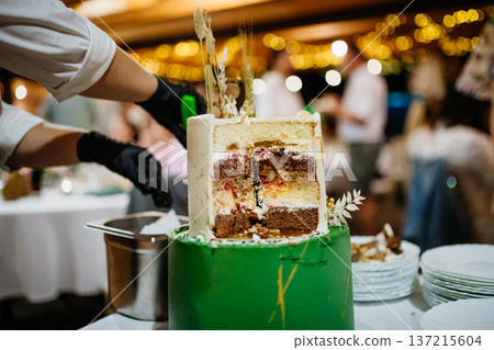 Modern birthday cake with natural decoration at birthday party. Modern birthday cake with natural decoration at birthday party. 137215604
