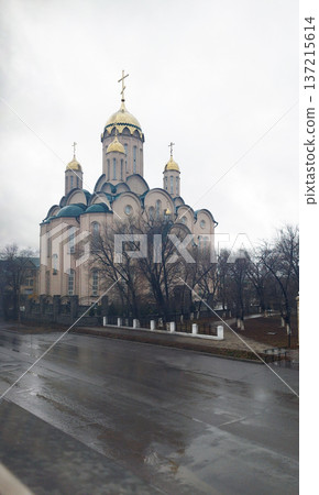 A large orthodox church with golden domes stands against an overcast sky. The foreground shows a wet, dark street and bare trees on a gloomy day A large orthodox church with golden domes stands against an overcast sky. The foreground shows a wet, dark street and bare trees on a gloomy day 137215614
