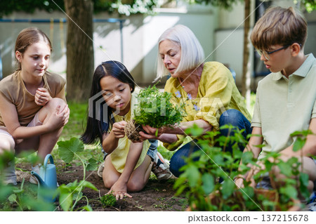 Portrait of students and female teacher at outdoor sustainable education class. Planting vegetable seedling, herbs in soil. 137215678