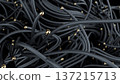 Chaotic tech visuals, Intricate network design featuring contrasting textures and hues, Complex web of dark cords accented by shimmering gold details and vibrant highlights 137215713