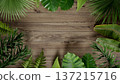 Tropical Green Leaves Frame on Wooden Background in Seamless 137215716
