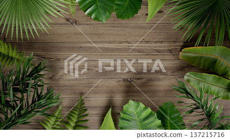 Tropical Green Leaves Frame on Wooden Background in Seamless Tropical Green Leaves Frame on Wooden Background in Seamless 137215716