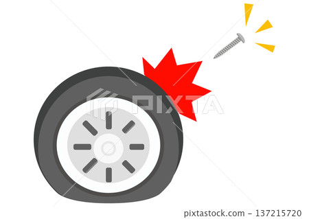 Flat illustration of a flat tire with a nail stuck in it Flat illustration of a flat tire with a nail stuck in it 137215720