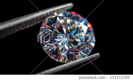 Round brilliant diamond held by tweezers against black 137215785