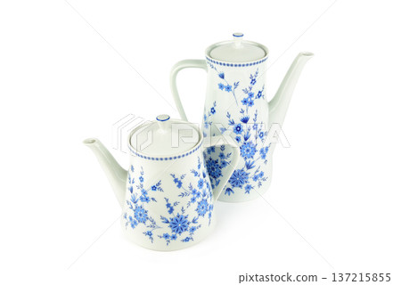 Elegant Ceramic Coffee and Tea Pot Set Isolated on White Elegant Ceramic Coffee and Tea Pot Set Isolated on White 137215855