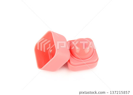 Pink Round Lip Balm in Modern Square Case Isolated on White Pink Round Lip Balm in Modern Square Case Isolated on White 137215857