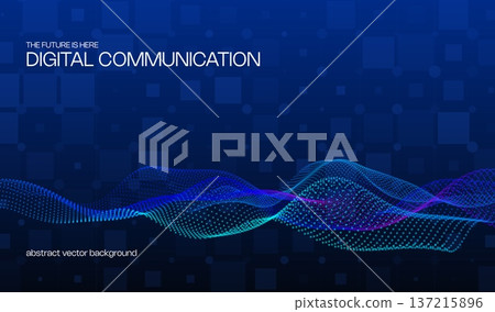 AI technology abstract blue background with waves of flowing particles on grid if squares and lines. Curvy lines of dots in motion, technology and science theme. AI technology abstract blue background with waves of flowing particles on grid if squares and lines. Curvy lines of dots in motion, technology and science theme. 137215896